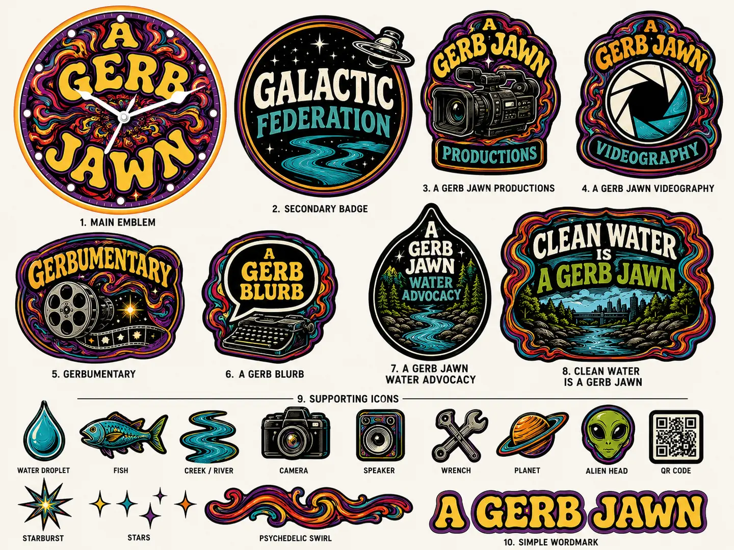 A collection of A Gerb Jawn psychedelic badges
