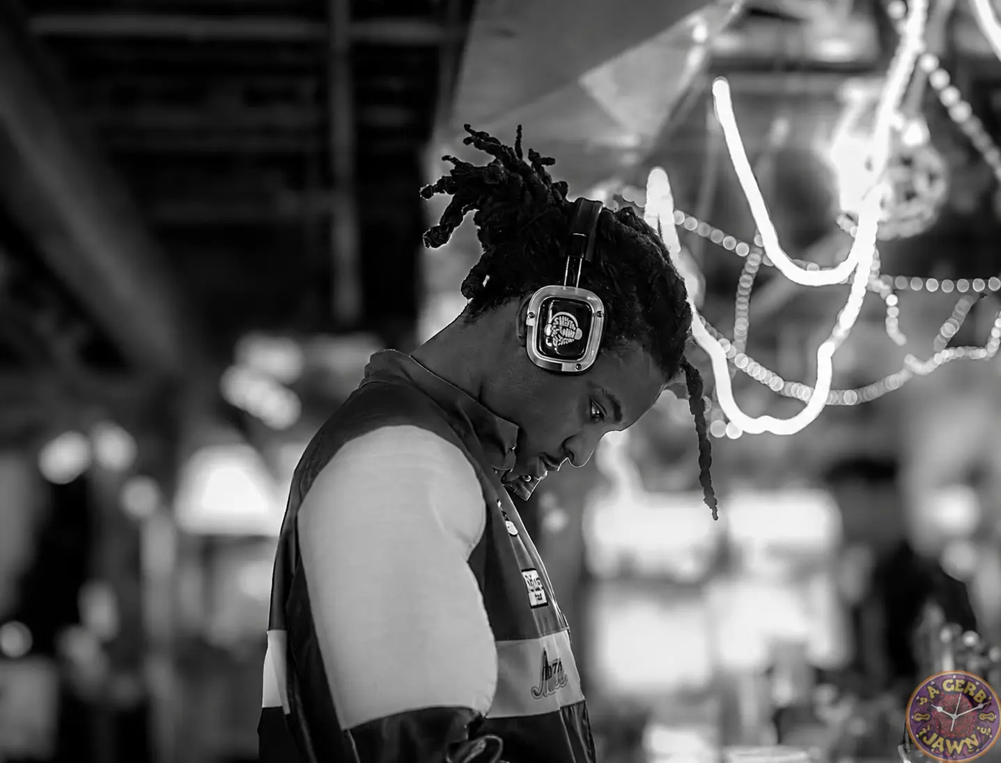 Black-and-white portrait of a DJ photographed by Gerb