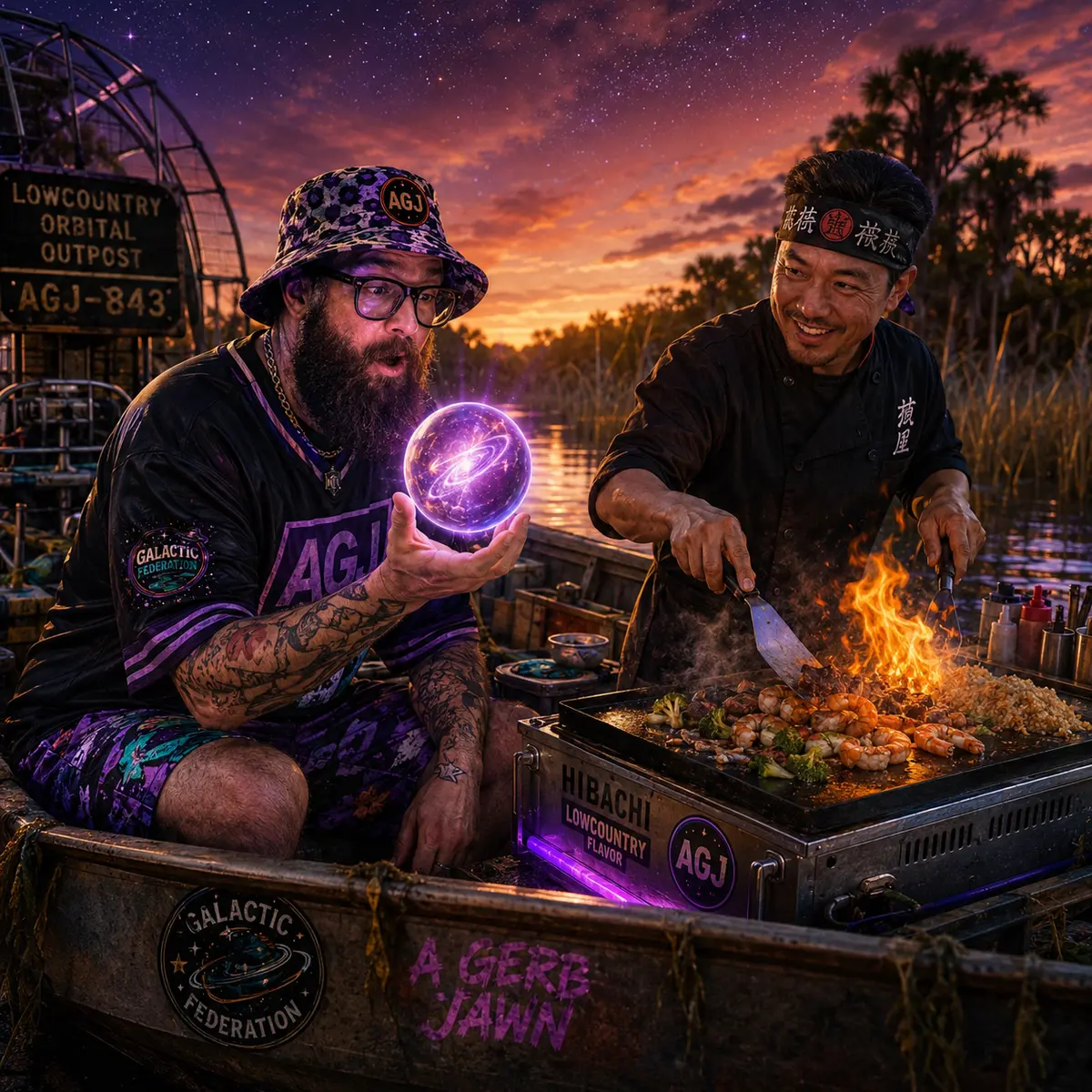 A cosmic Lowcountry hibachi scene from the A Gerb Jawn universe